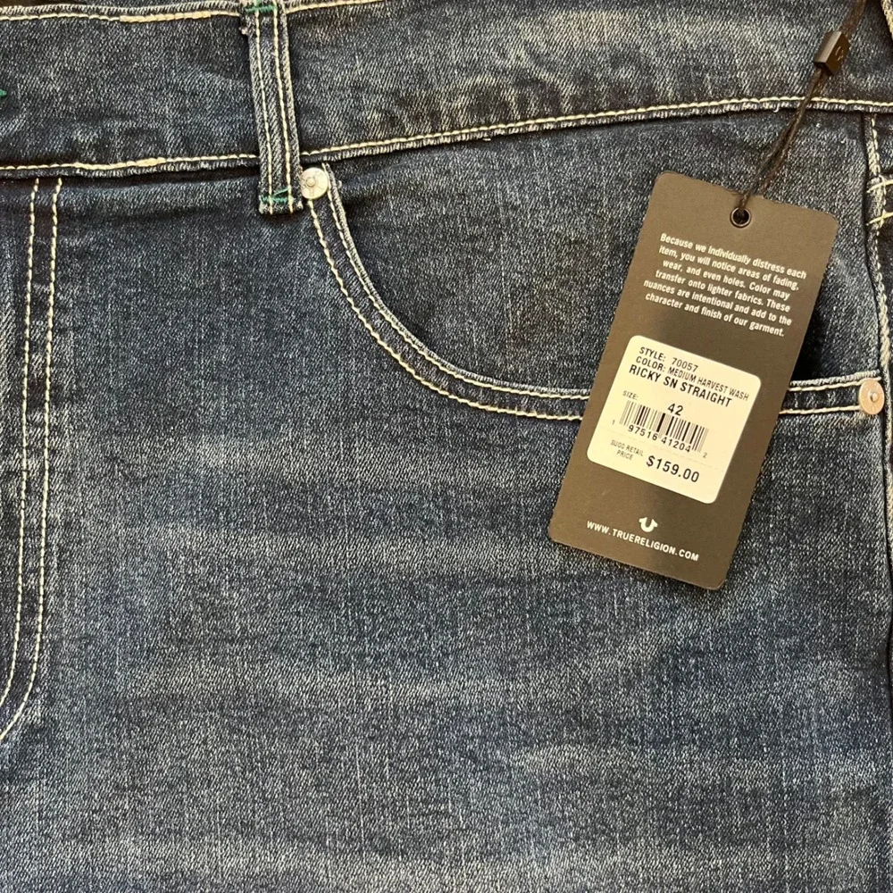 True Religion Ricky Relaxed Straight Jeans Medium Harvest Wash Teal Stitch 42x34